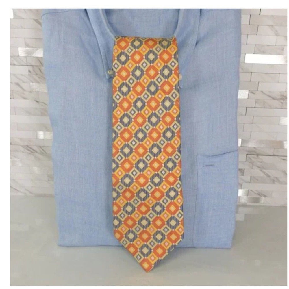 Michiko Koshino Tie Men Orange Periwinkle Geo Diamond Silk Necktie Japanese Luxe